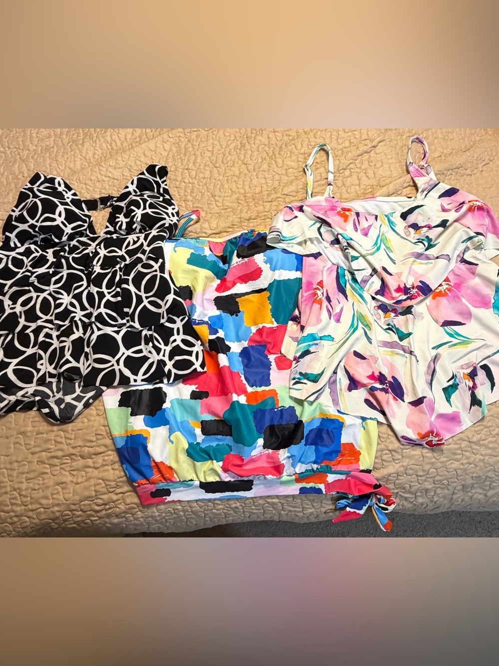 Mixed Print XL Tankini & Swim Tops Trio - Black/Multicolor/Floral - Picture 2 of 9